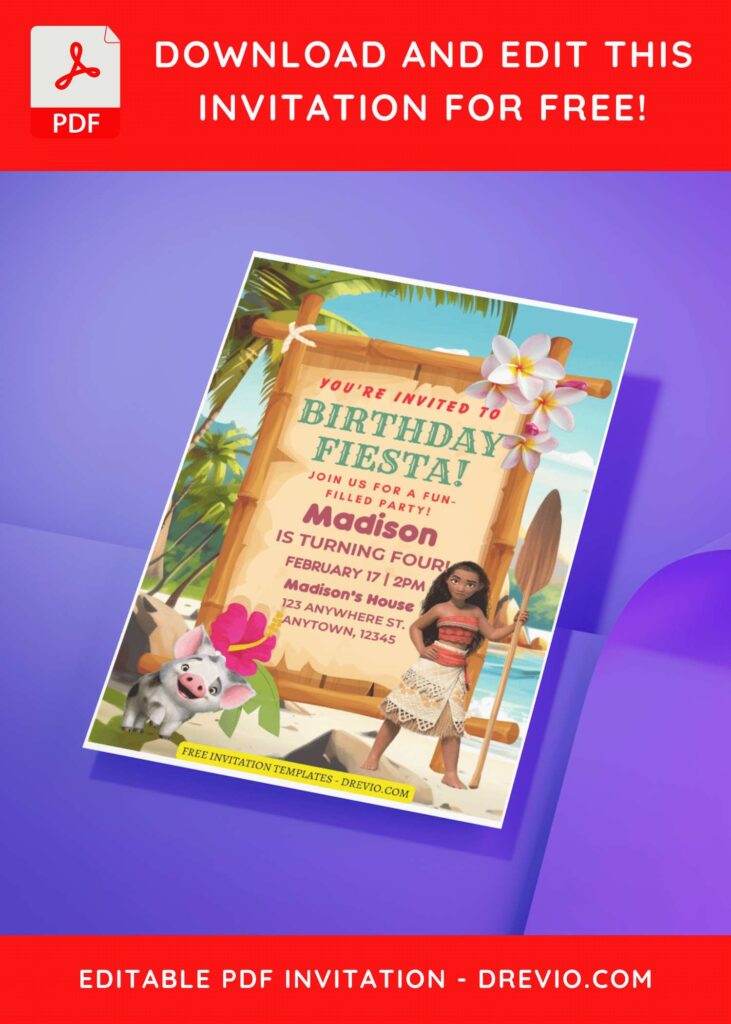 (Free Editable PDF) Fun Summer Moana Birthday Invitation Templates B