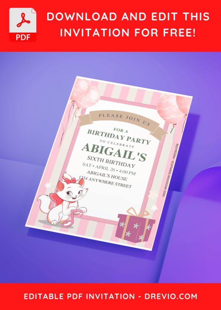 (Free Editable PDF) Charming Disney Marie The Cat Birthday Invitation Templates H