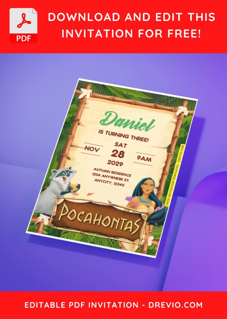 (Free Editable PDF) Disney Pocahontas Birthday Invitation Templates D