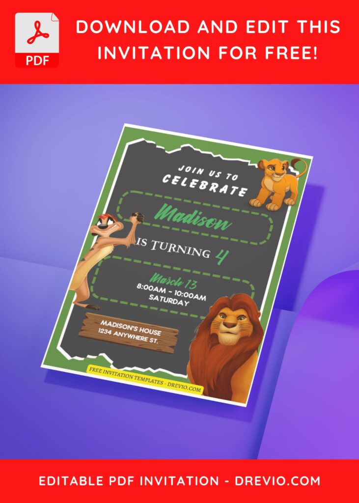 (Free Editable PDF) Cute Disney Lion King Birthday Invitation Templates H