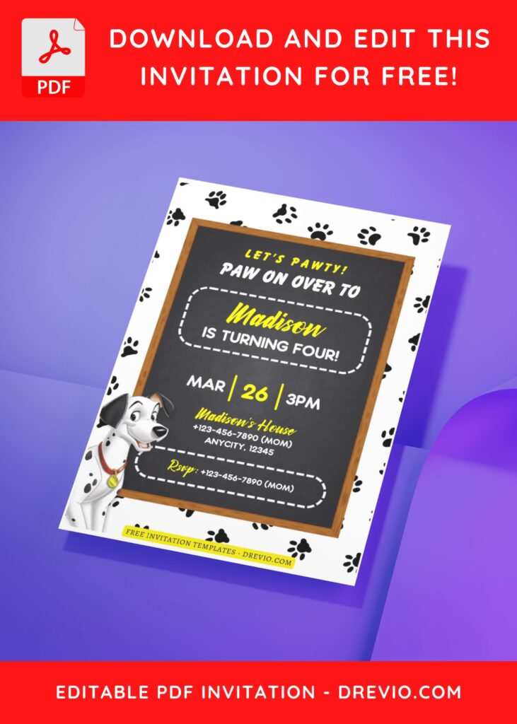 (Free Editable PDF) 101 Dalmatians Birthday Invitation Templates H