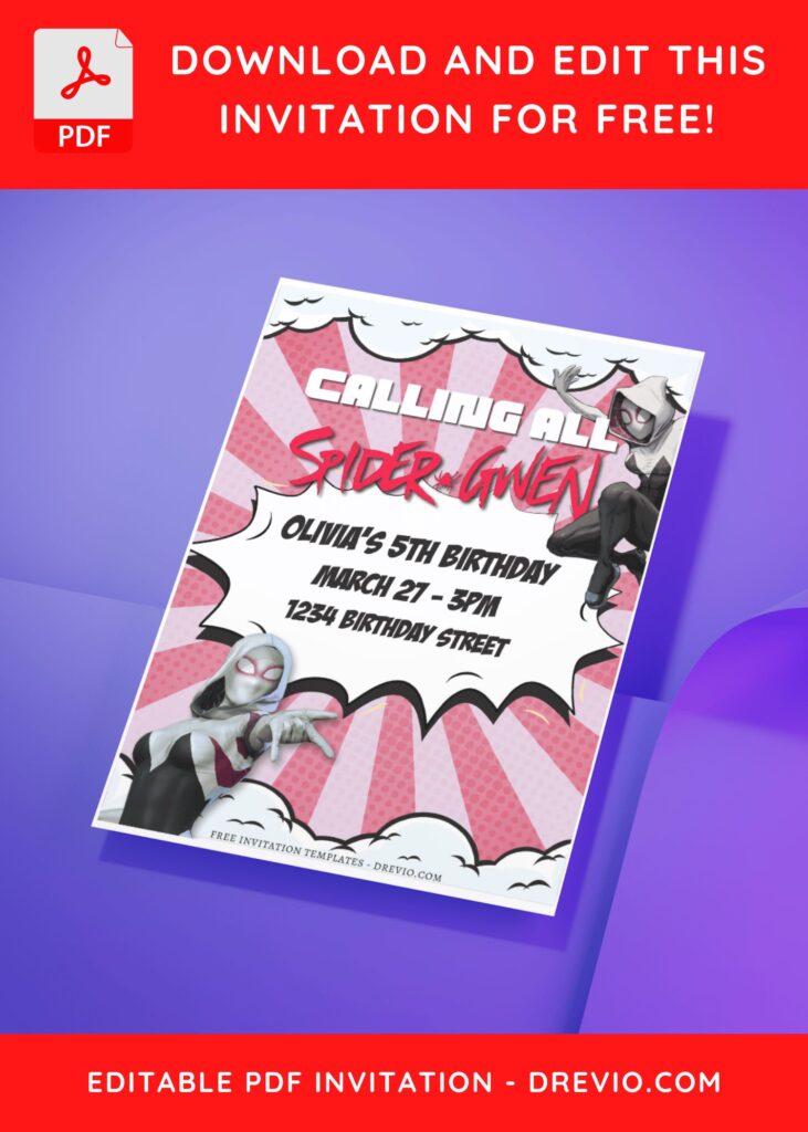 (Free Editable PDF) Spider Gwen Stacy Birthday Invitation Templates H