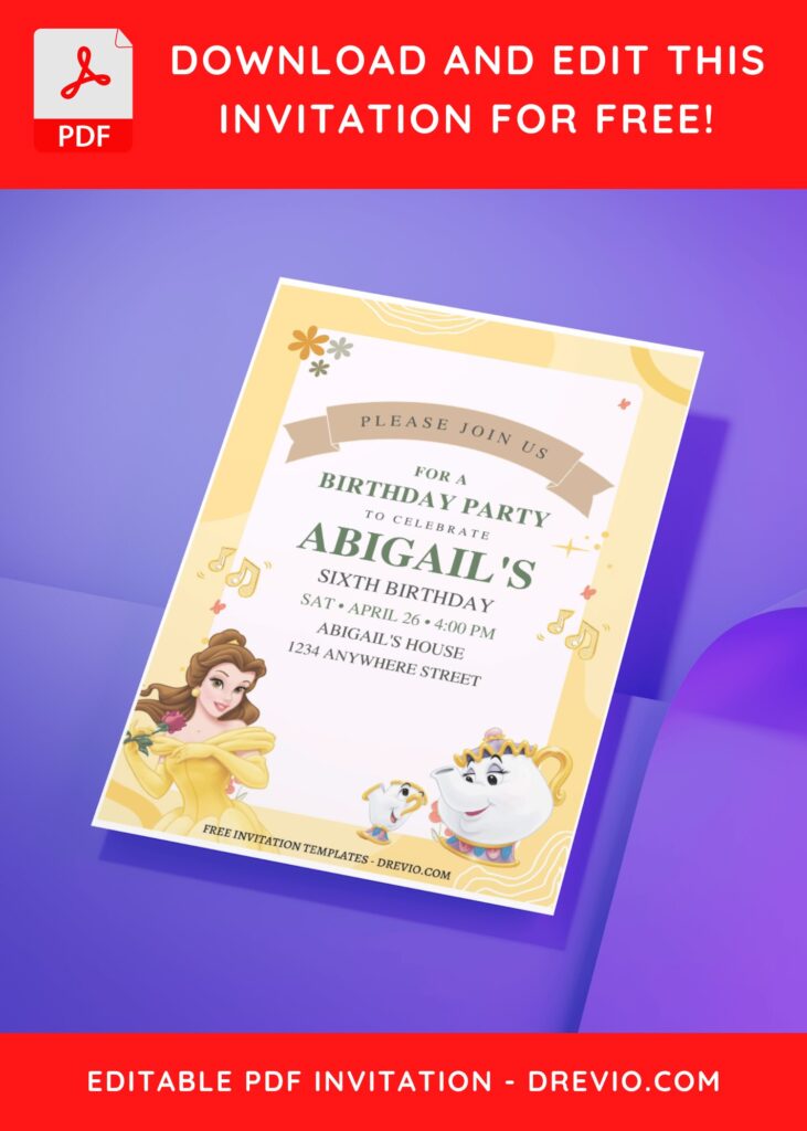 (Free Editable PDF) Simply Cute Belle Disney Birthday Invitation Templates D