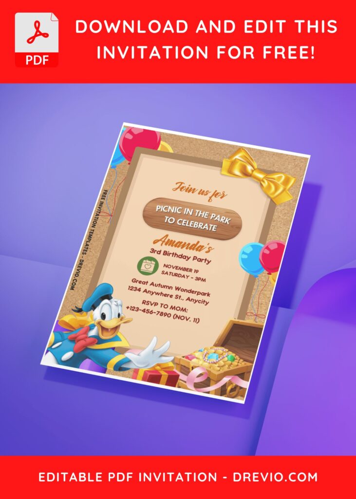 (Free Editable PDF) Donald Duck Picnic Party Birthday Invitation Templates D