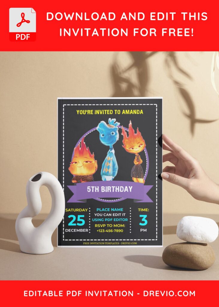 (Free Editable PDF) Colorful Chalkboard Disney Elemental Birthday Invitation Templates H