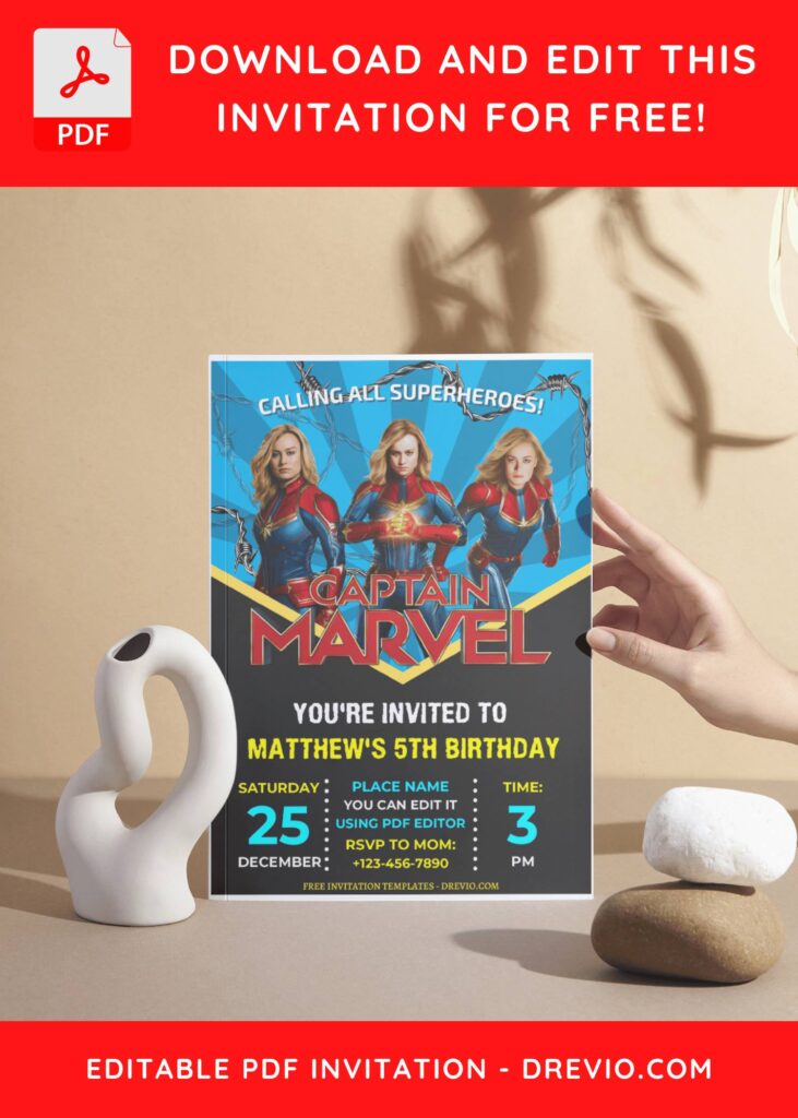 (Free Editable PDF) Captain Marvel Comic Birthday Invitation Templates D