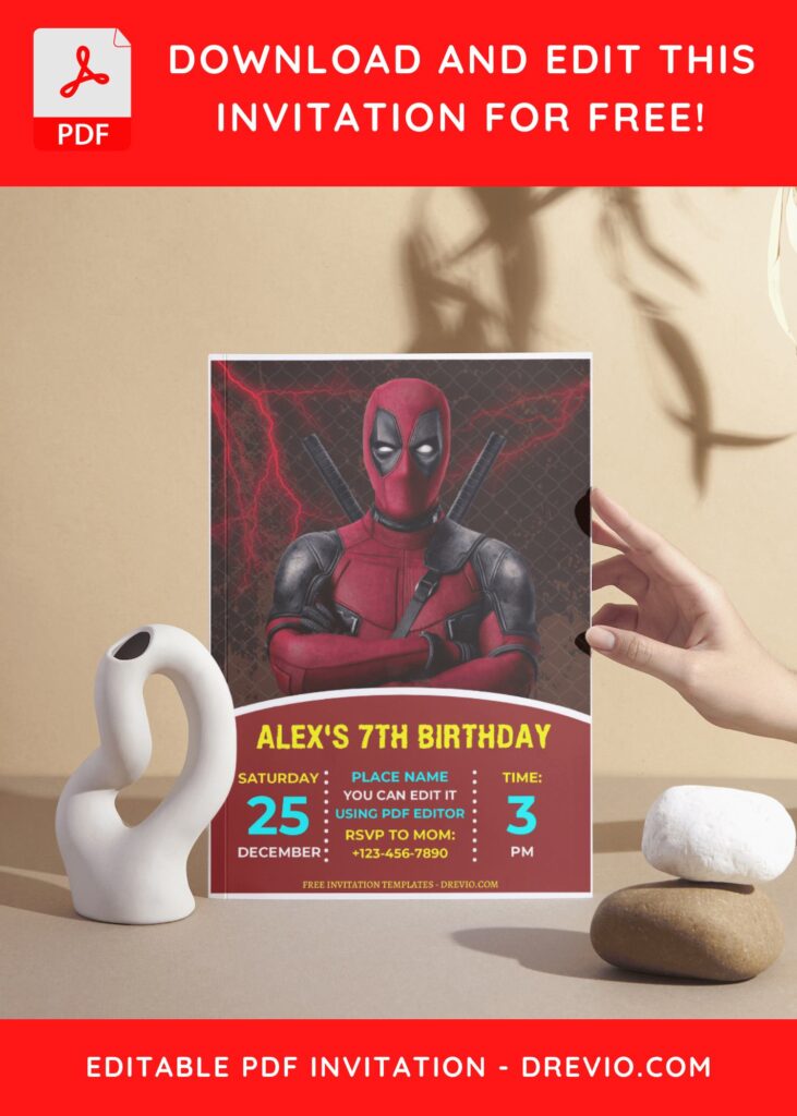 (Free Editable PDF) Quirky Fun Deadpool Birthday Invitation Templates D