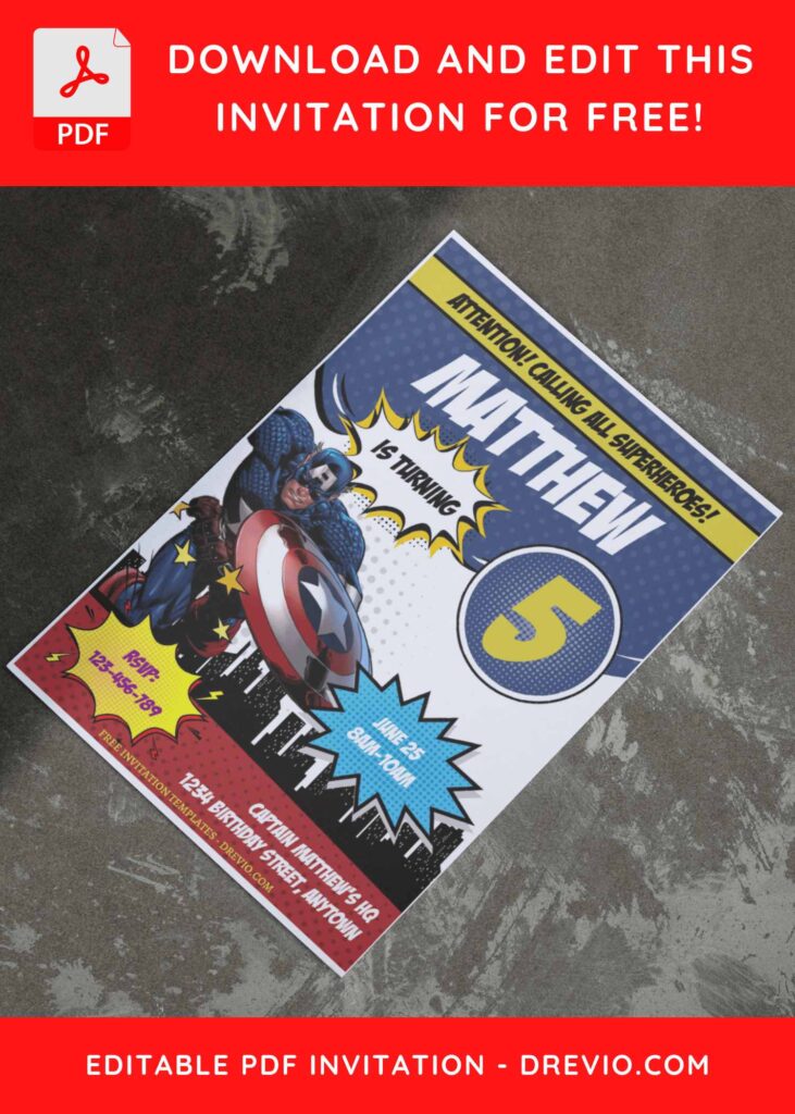 (Free Editable PDF) Comic Style Captain America Birthday Invitation Templates I