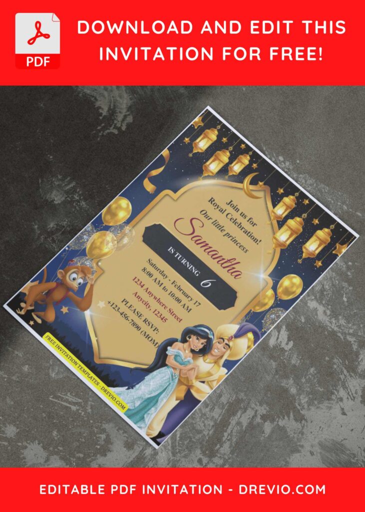 (Free Editable PDF) Majestic Aladdin Birthday Invitation Templates I