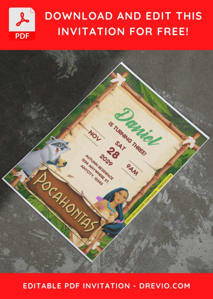 (Free Editable PDF) Disney Pocahontas Birthday Invitation Templates E