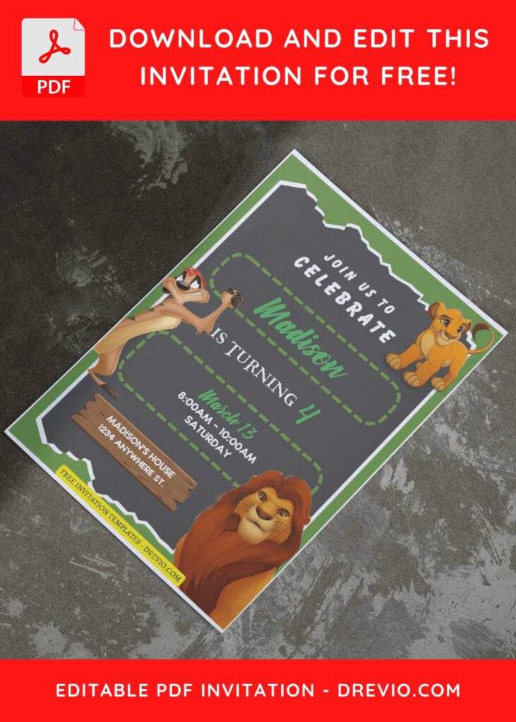 (Free Editable PDF) Cute Disney Lion King Birthday Invitation Templates I