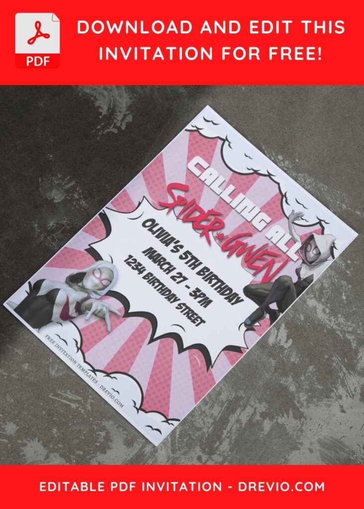 (Free Editable PDF) Spider Gwen Stacy Birthday Invitation Templates I