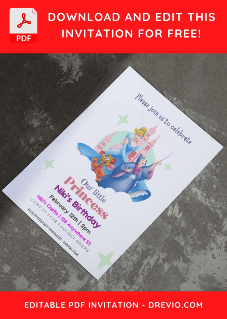 (Free Editable PDF) Lovely Little Princess Cinderella Birthday Invitation Templates E