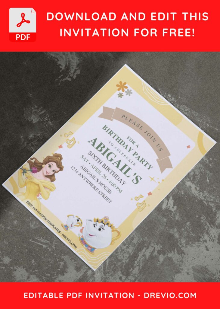 (Free Editable PDF) Simply Cute Belle Disney Birthday Invitation Templates E