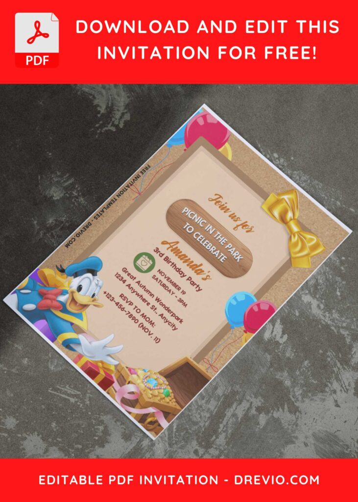 (Free Editable PDF) Donald Duck Picnic Party Birthday Invitation Templates E