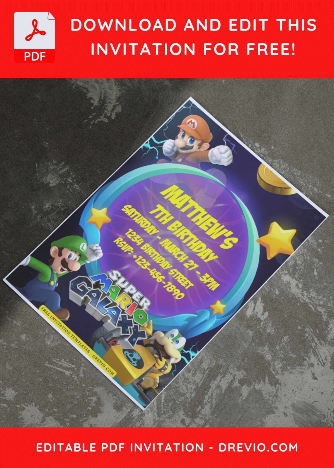 (Free Editable PDF) Iconic Super Mario Bros World Birthday Invitation Templates I