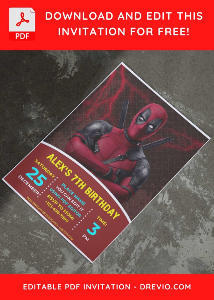 (Free Editable PDF) Quirky Fun Deadpool Birthday Invitation Templates E