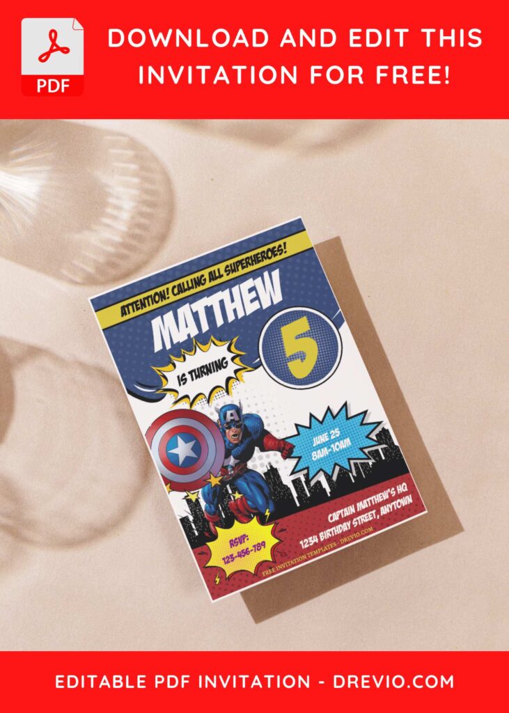(Free Editable PDF) Comic Style Captain America Birthday Invitation Templates J