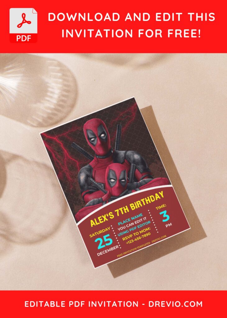 (Free Editable PDF) Quirky Fun Deadpool Birthday Invitation Templates F