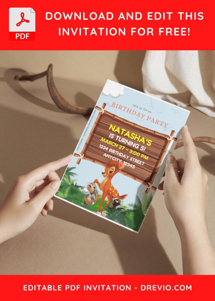 (Free Editable PDF) Magic In The Jungle Disney Bambi Birthday Invitation Templates A