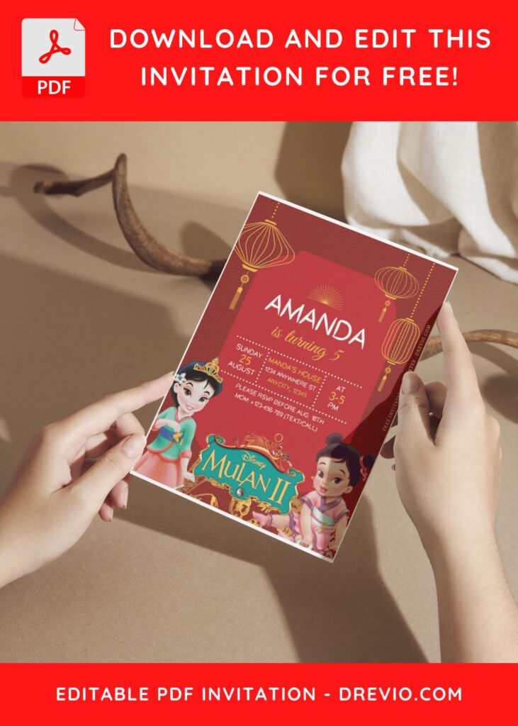 (Free Editable PDF) Festive Disney Mulan Birthday Invitation Templates A