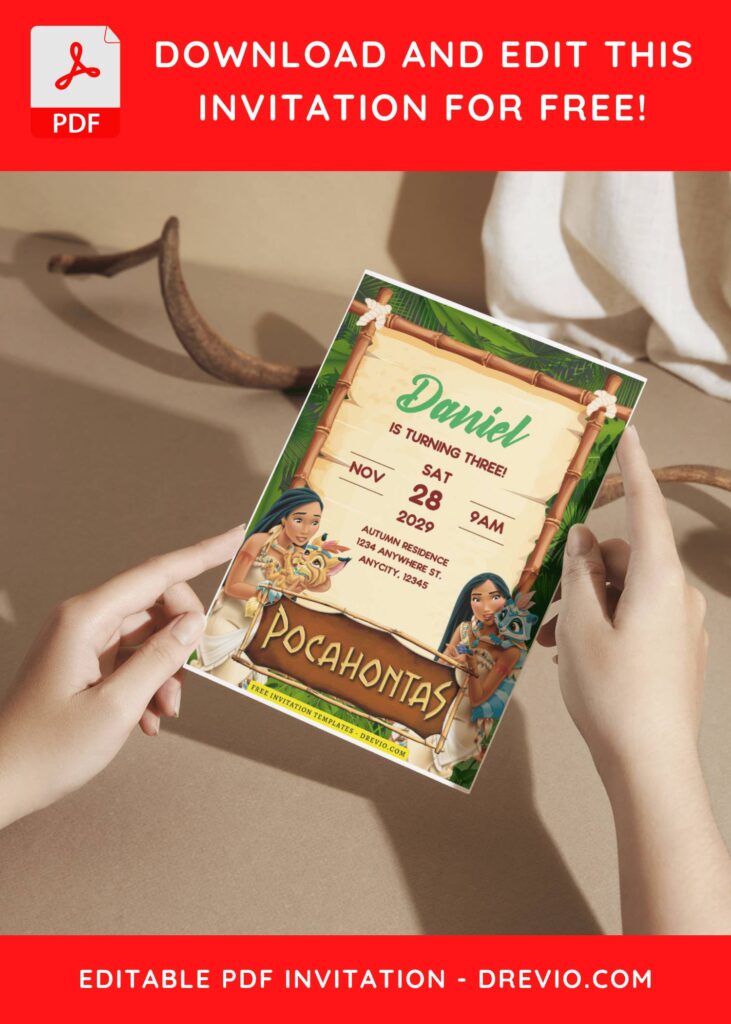 (Free Editable PDF) Disney Pocahontas Birthday Invitation Templates G