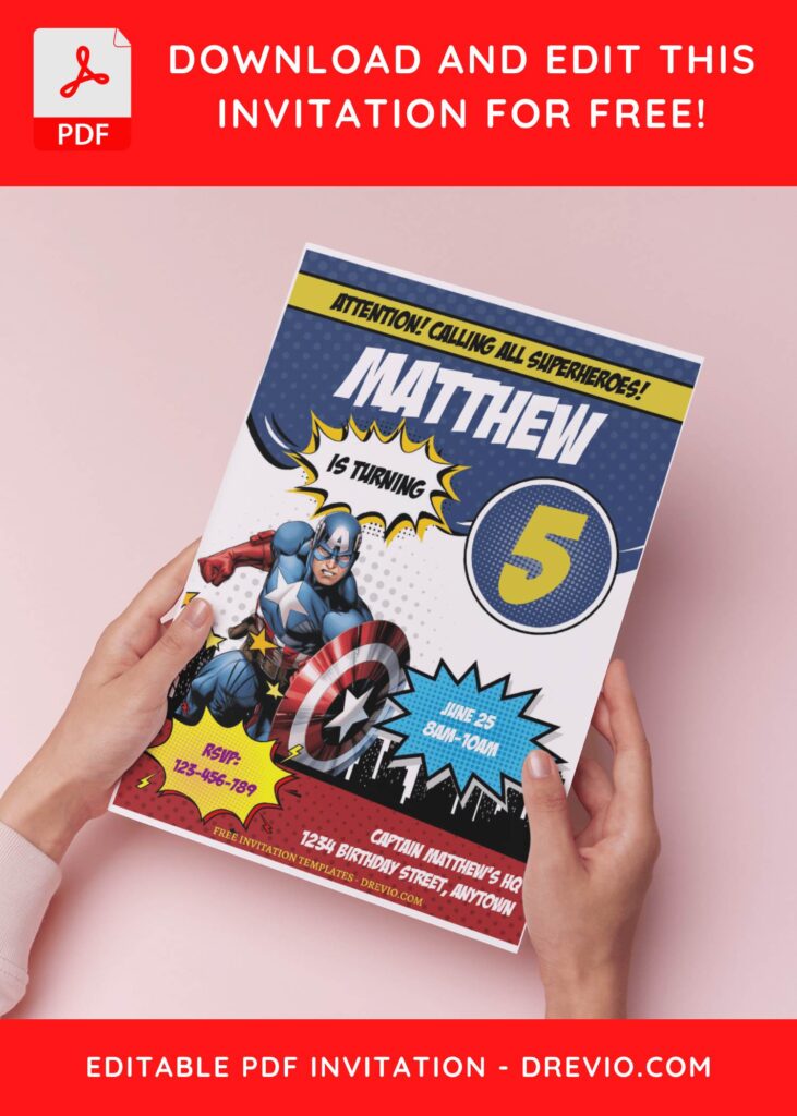 (Free Editable PDF) Comic Style Captain America Birthday Invitation Templates B