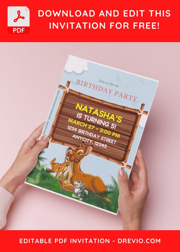 (Free Editable PDF) Magic In The Jungle Disney Bambi Birthday Invitation Templates B