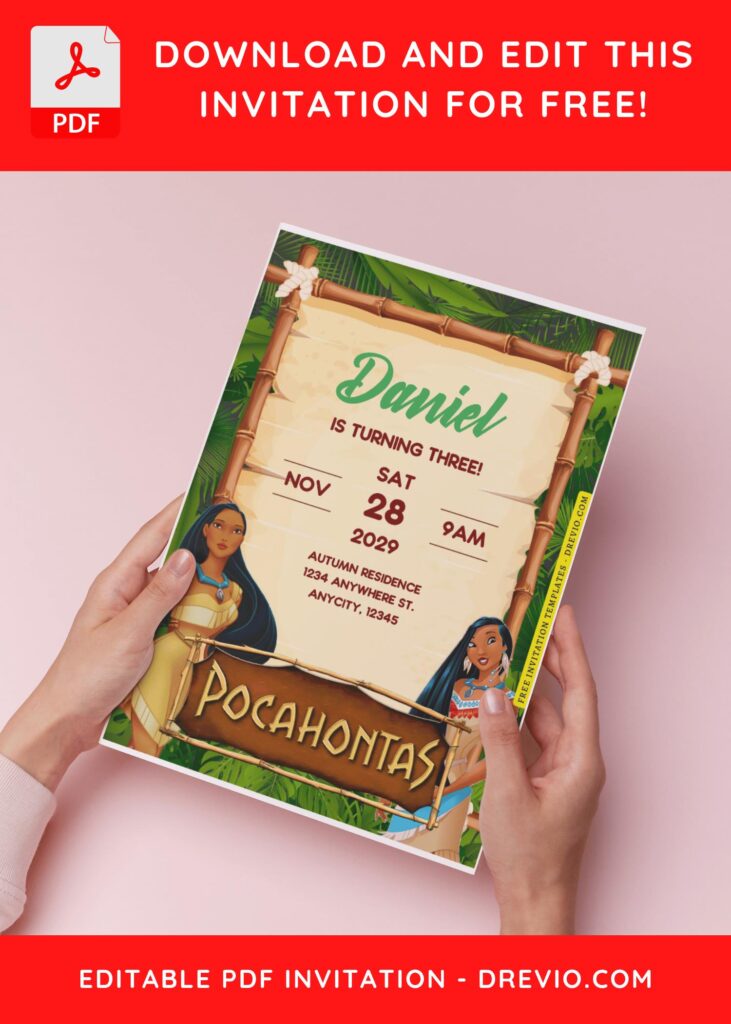 (Free Editable PDF) Disney Pocahontas Birthday Invitation Templates H