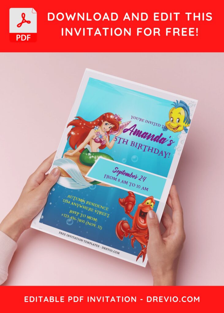 (Free Editable PDF) Cute The Little Mermaid Birthday Invitation Templates B