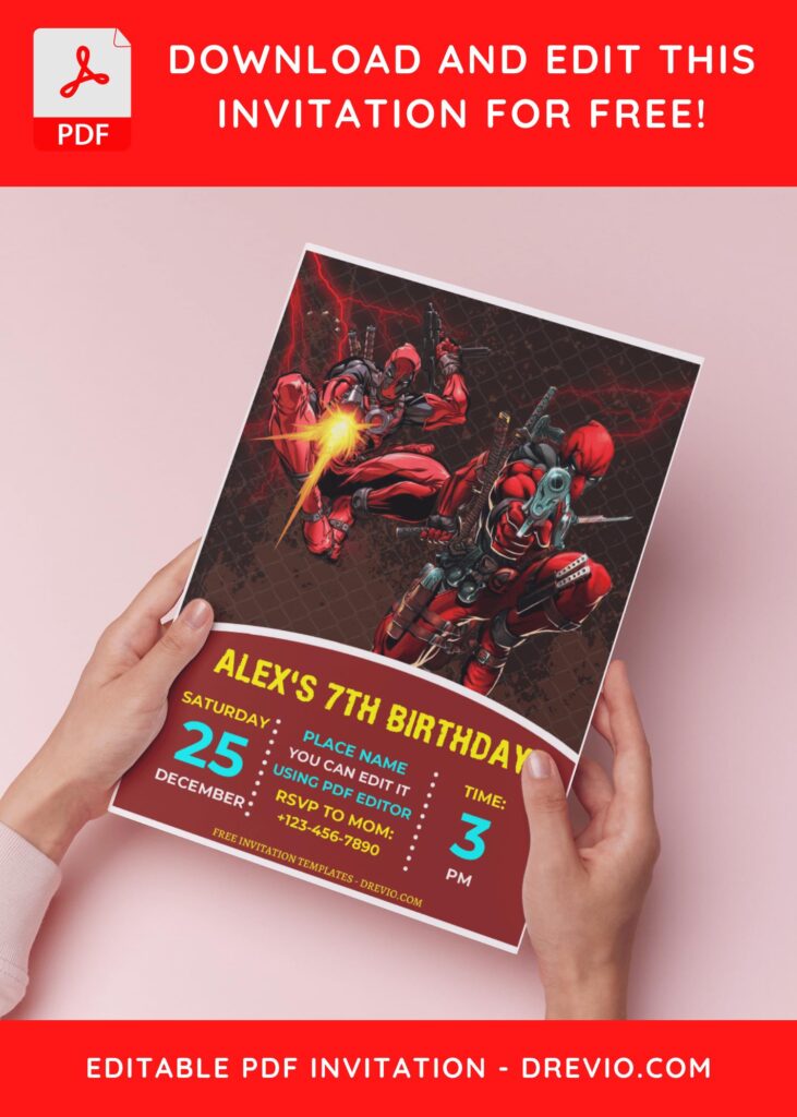 (Free Editable PDF) Quirky Fun Deadpool Birthday Invitation Templates H