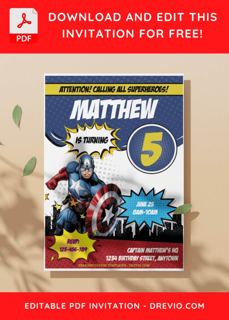(Free Editable PDF) Comic Style Captain America Birthday Invitation Templates C