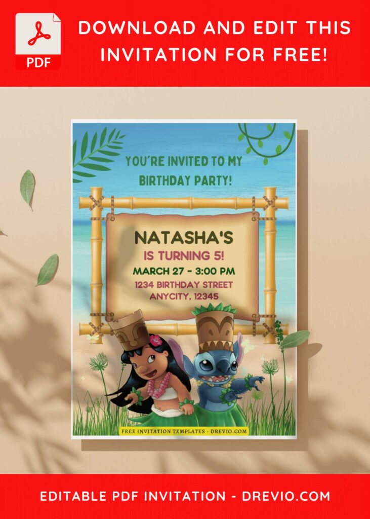 (Free Editable PDF) Hawaiian Lilo & Stitch Birthday Invitation Templates I