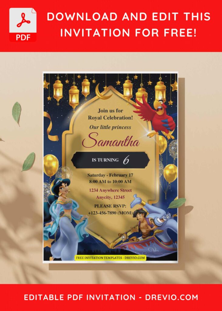 (Free Editable PDF) Majestic Aladdin Birthday Invitation Templates C
