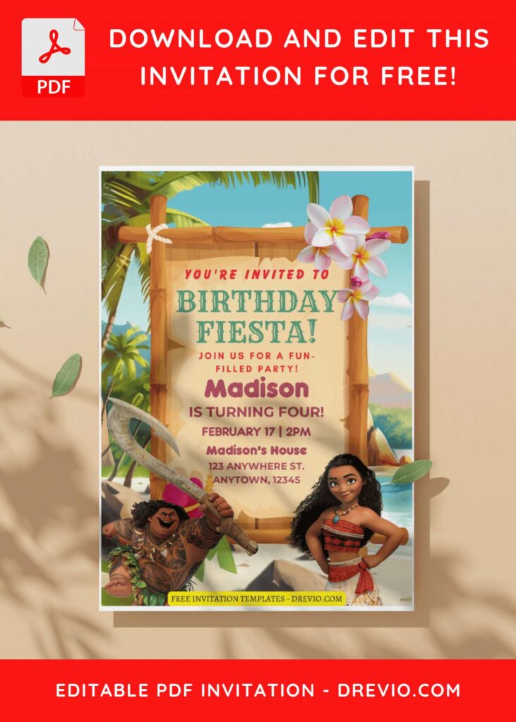 (Free Editable PDF) Fun Summer Moana Birthday Invitation Templates G