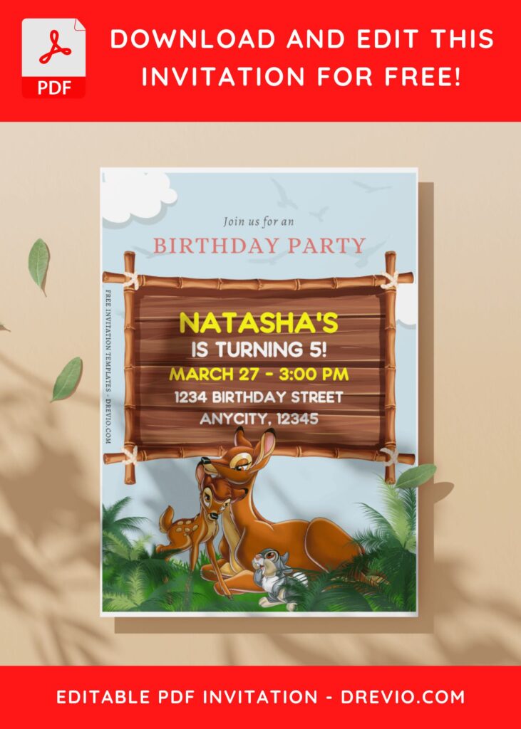 (Free Editable PDF) Magic In The Jungle Disney Bambi Birthday Invitation Templates C