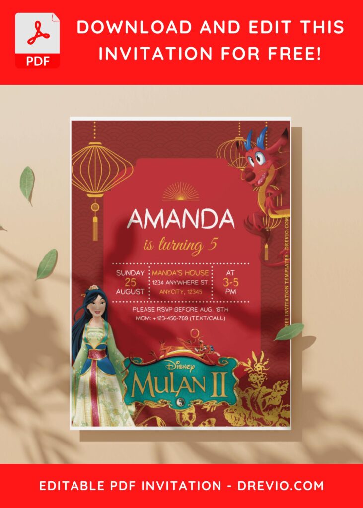 (Free Editable PDF) Festive Disney Mulan Birthday Invitation Templates C