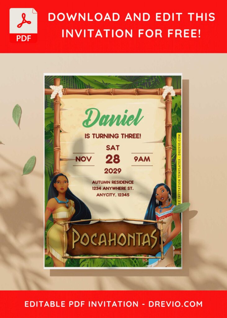 (Free Editable PDF) Disney Pocahontas Birthday Invitation Templates I