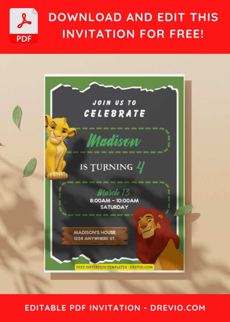 (Free Editable PDF) Cute Disney Lion King Birthday Invitation Templates C