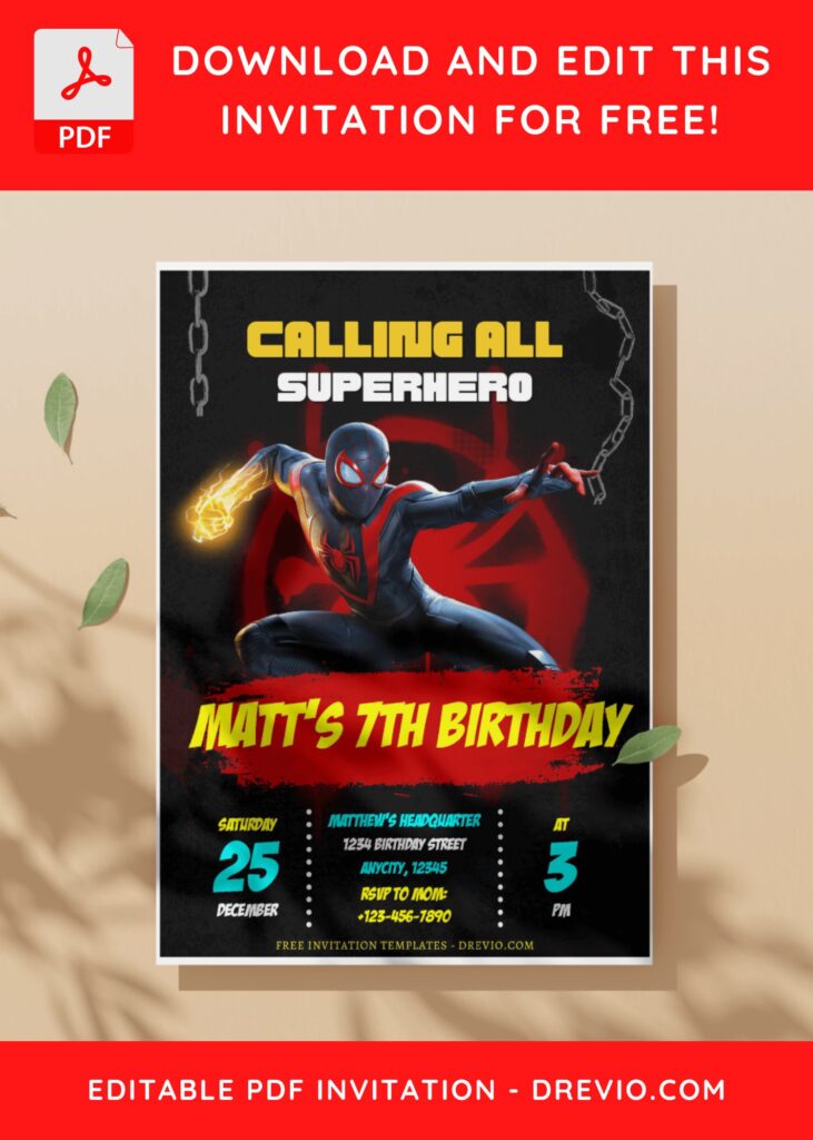 (Free Editable PDF) Spiderman Miles Morales Birthday Invitation Templates I