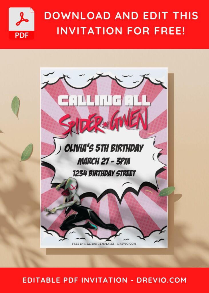 (Free Editable PDF) Spider Gwen Stacy Birthday Invitation Templates C