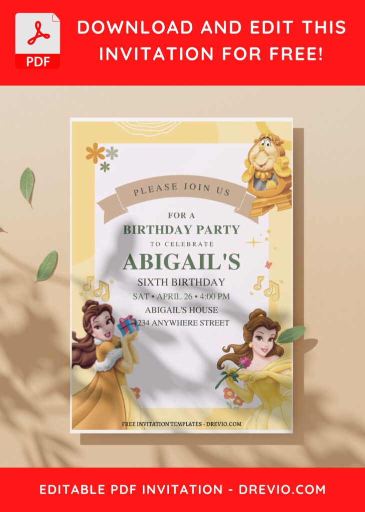 (Free Editable PDF) Simply Cute Belle Disney Birthday Invitation Templates I