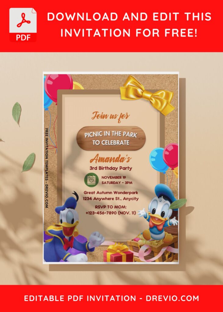 (Free Editable PDF) Donald Duck Picnic Party Birthday Invitation Templates I