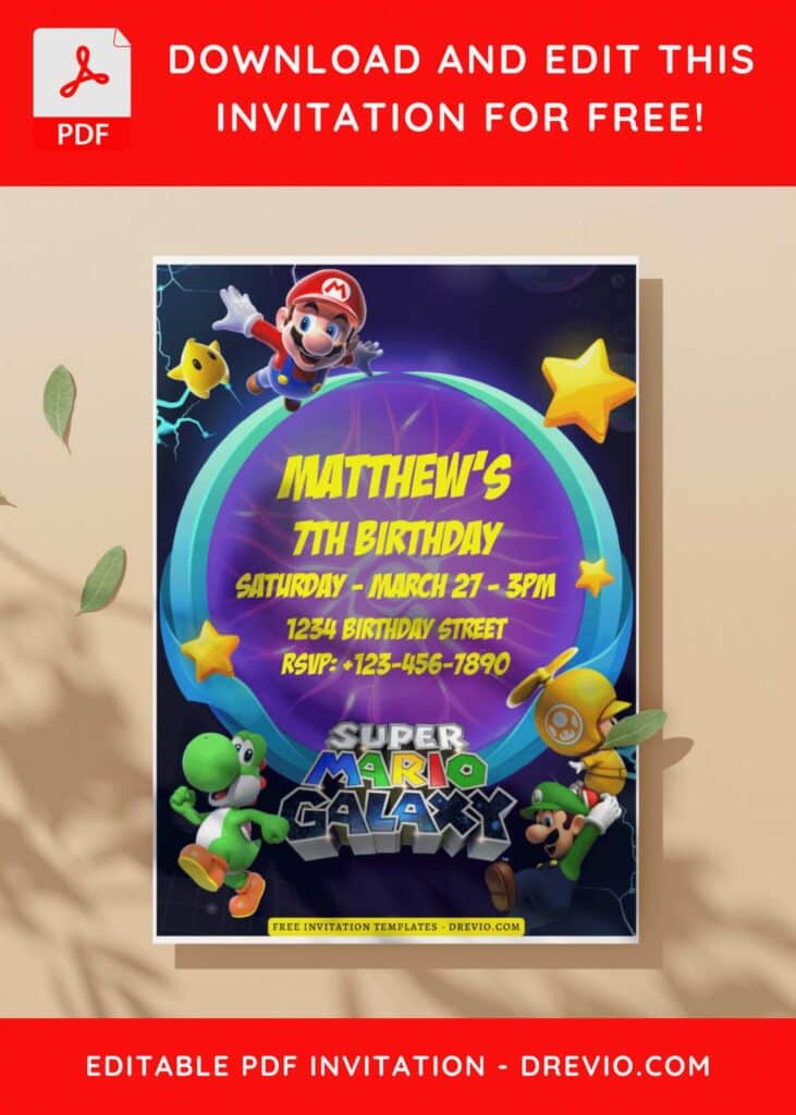 (Free Editable PDF) Iconic Super Mario Bros World Birthday Invitation Templates C