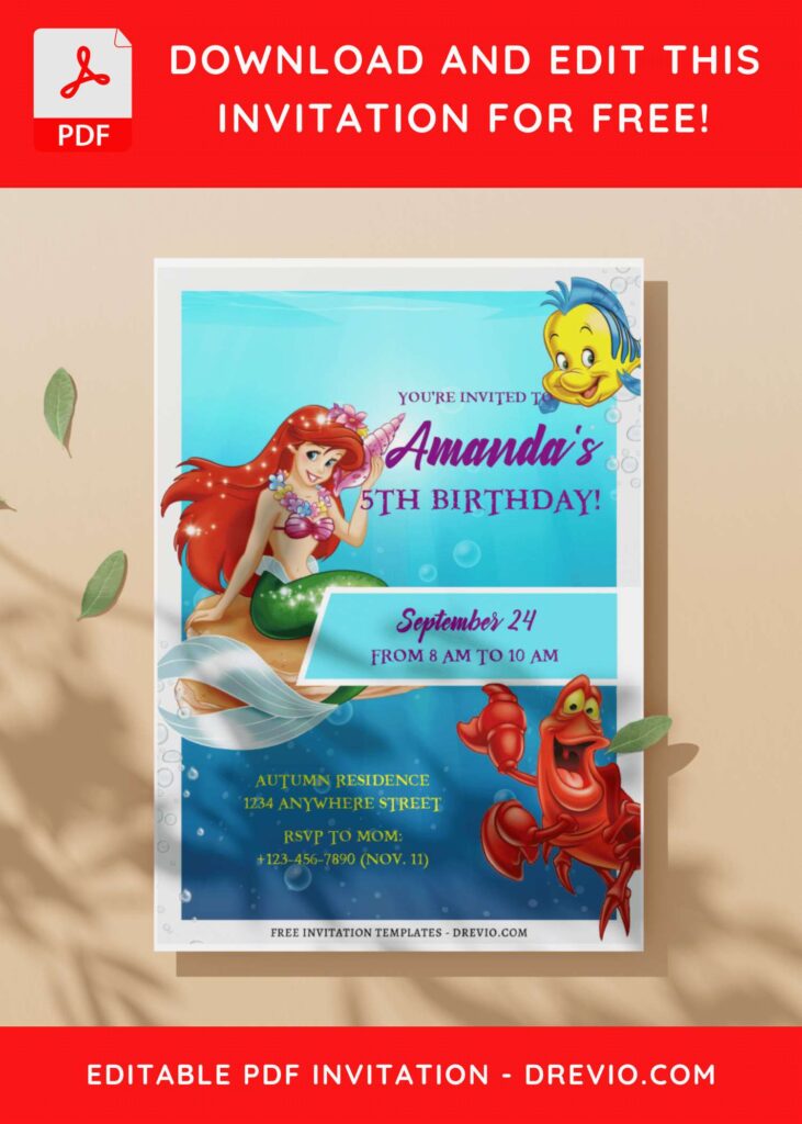 (Free Editable PDF) Cute The Little Mermaid Birthday Invitation Templates C