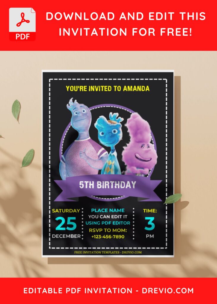 (Free Editable PDF) Colorful Chalkboard Disney Elemental Birthday Invitation Templates C