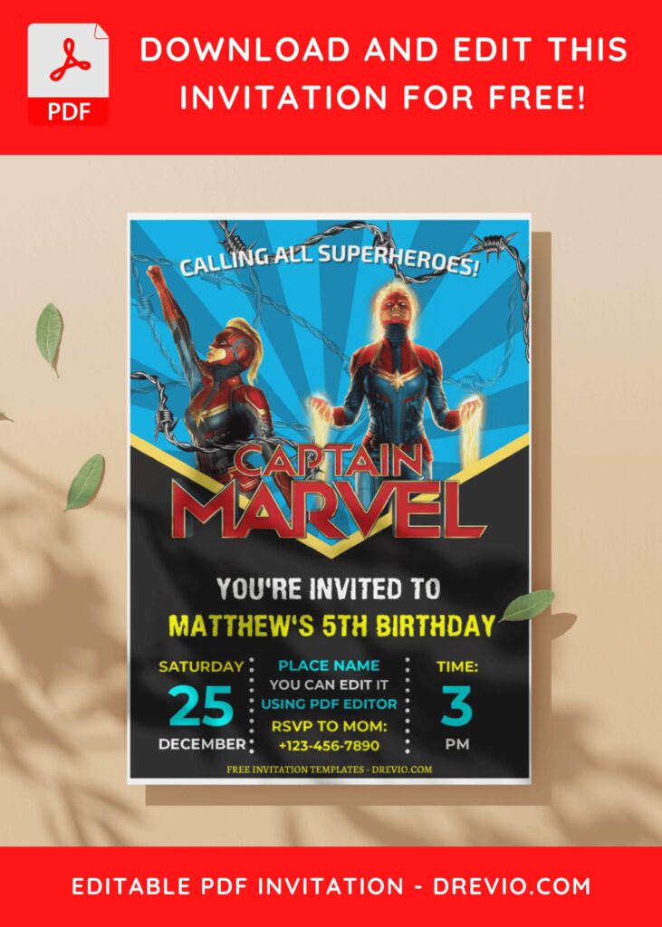 (Free Editable PDF) Captain Marvel Comic Birthday Invitation Templates J