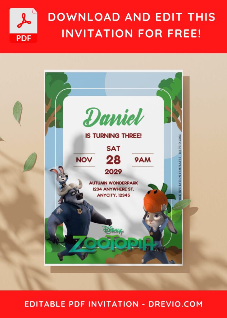 (Free Editable PDF) Joyful Disney Zootopia Birthday Invitation Templates G