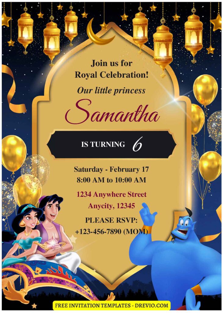 (Free Editable PDF) Majestic Aladdin Birthday Invitation Templates E