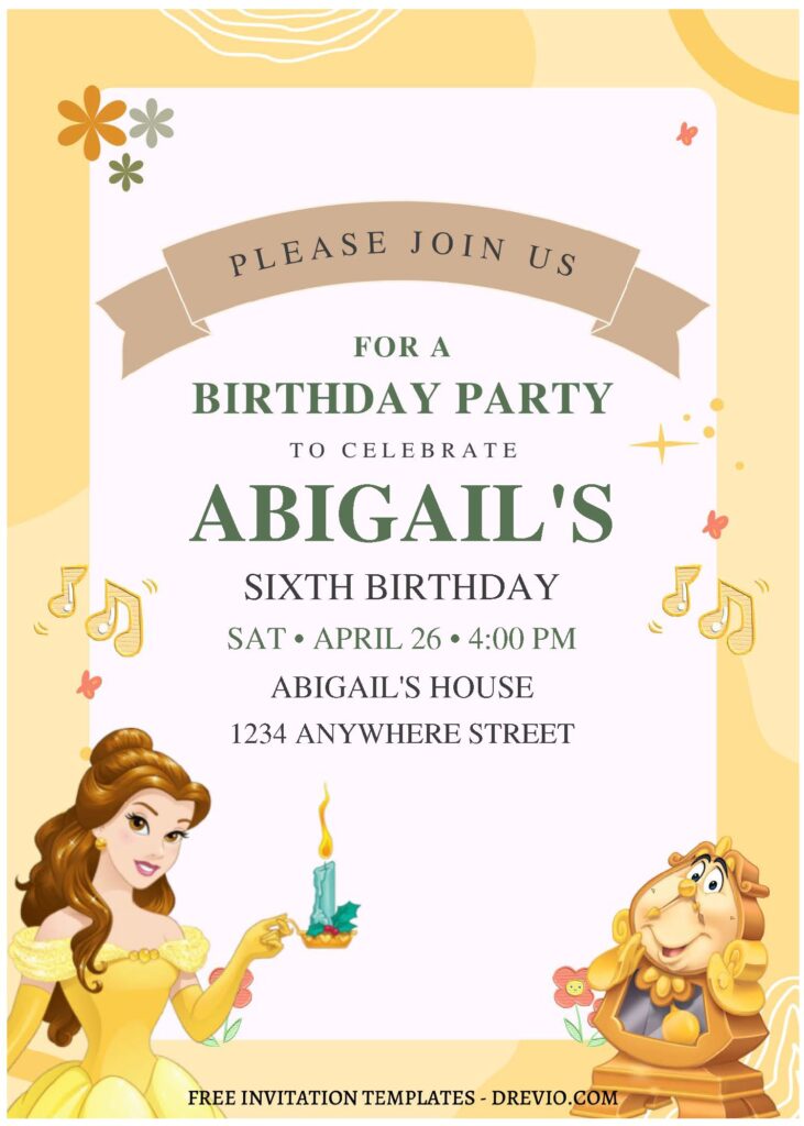 (Free Editable PDF) Simply Cute Belle Disney Birthday Invitation Templates J